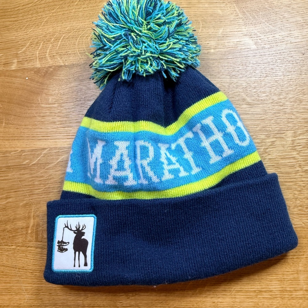 Blue and Green Pom-Pom Beanie